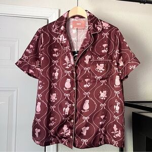 NWT AYDA maroon magenta burgundy satin cat bow sleep pajama button up shirt